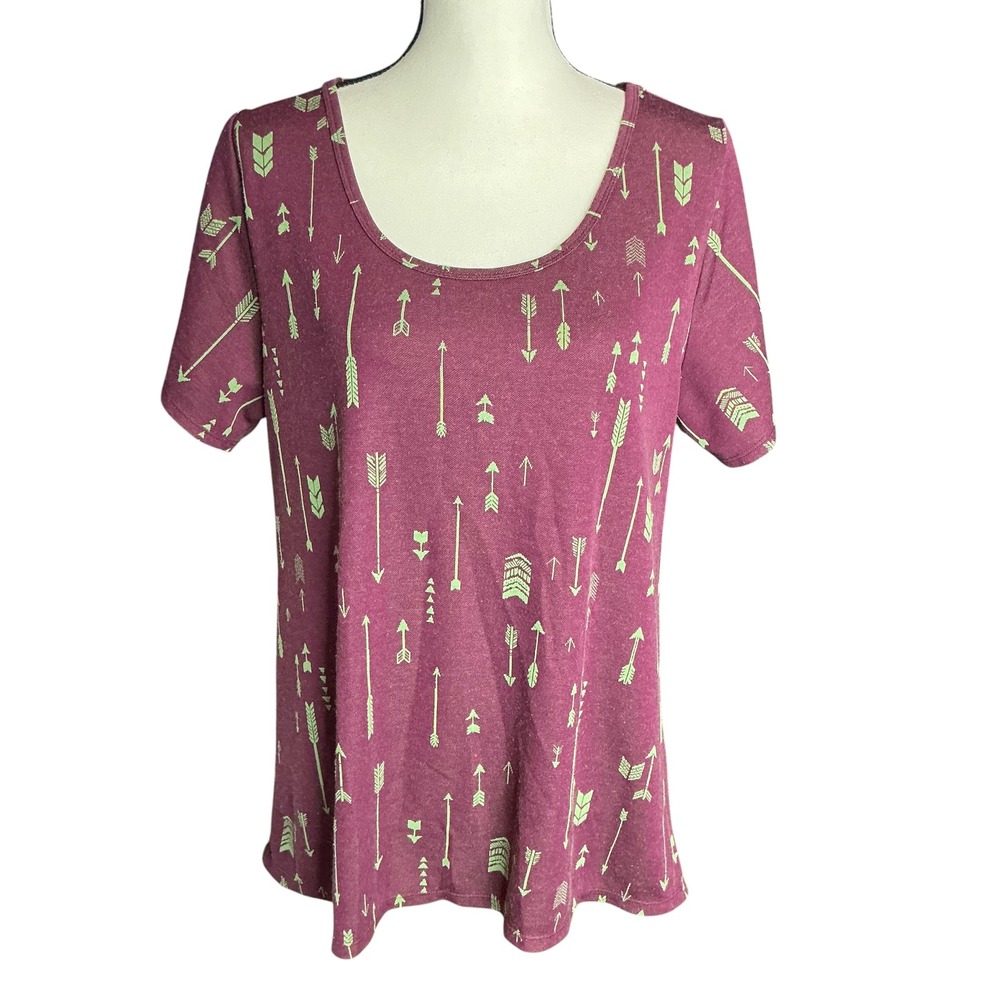 LuLaRoe Burgundy Arrow Print Irma Tunic Women XL Short Sleeve Scoop Neck T Shirt
